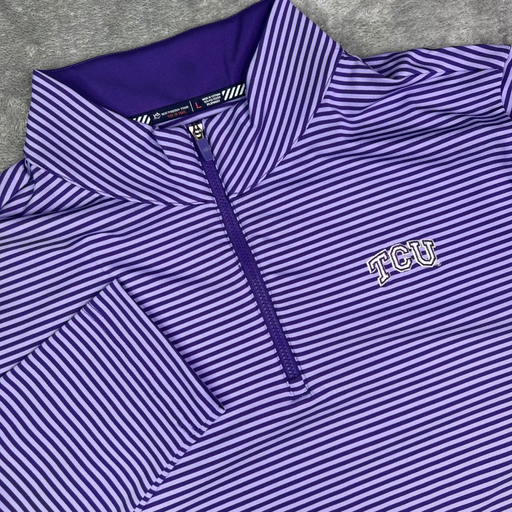 Southern Tide TCU Horned Frogs 1/4 Zip Pullover Men L Purple Striped Performance